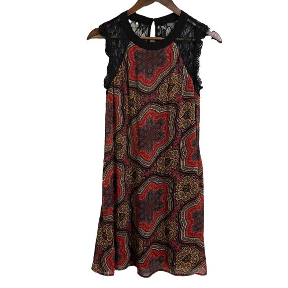 Kut From The Kloth Womens Red Black Paisley Lace Sleeve Keyhole Shift Dress Sz 2 - Picture 1 of 6